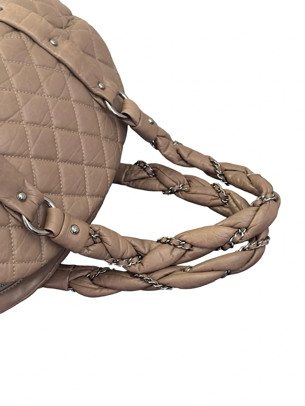 Chanel Lady Braid Bowler Bag Distressed Lambskin Taupe Quilted Satchel 13”